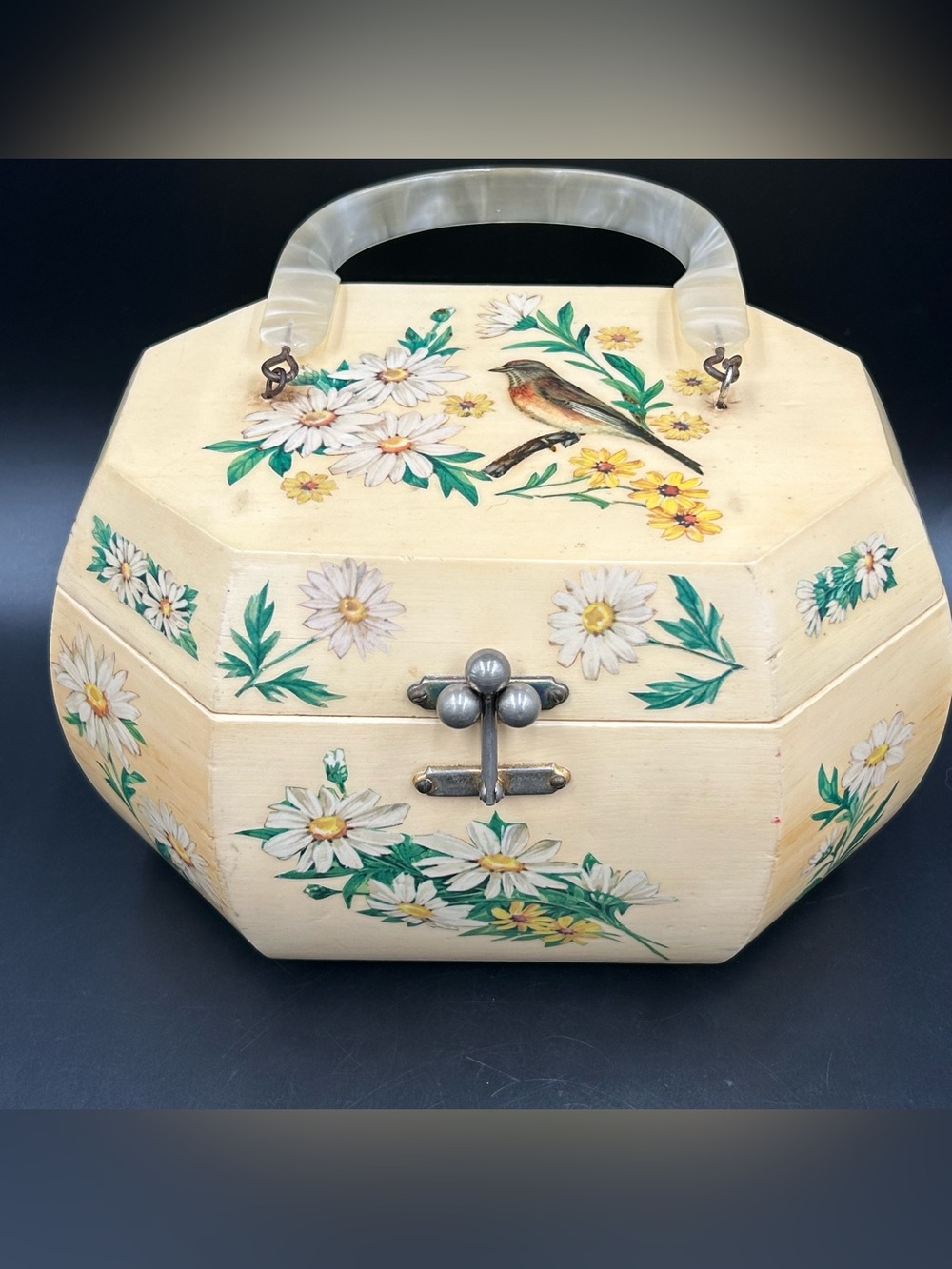Vintage Handmade Decoupage Purse Sewing Box 3D Bird Daisies Lucite Handle Signed